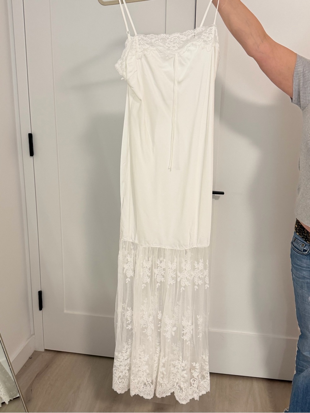 White Lace Slip Maxi Dress with Sheer Floral Hem